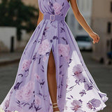 Vestido longo de chiffon verde claro com estampa floral, drapeado e um ombro só.