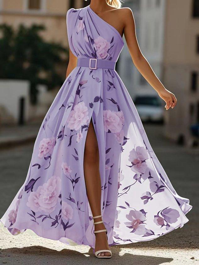Vestido longo de chiffon verde claro com estampa floral, drapeado e um ombro só.