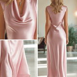 VESTIDO LARGO DE SATÉN ROSA EMPOLVADO CON ESCOTE DRAPEADO - VALERINA MARBELLA