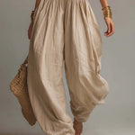 Bohemian Cotton-Linen Halter Smocked Crop Top & Harem Pants Two-Piece Set
