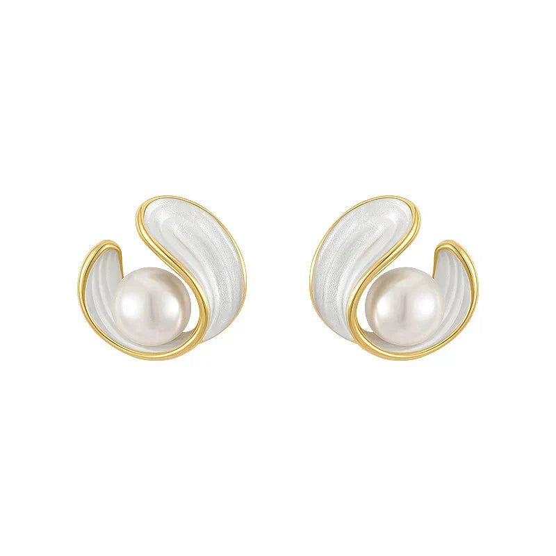 PENDIENTES ORO PERLA Y BLANCO ÉMAIL CLOU OREILLE