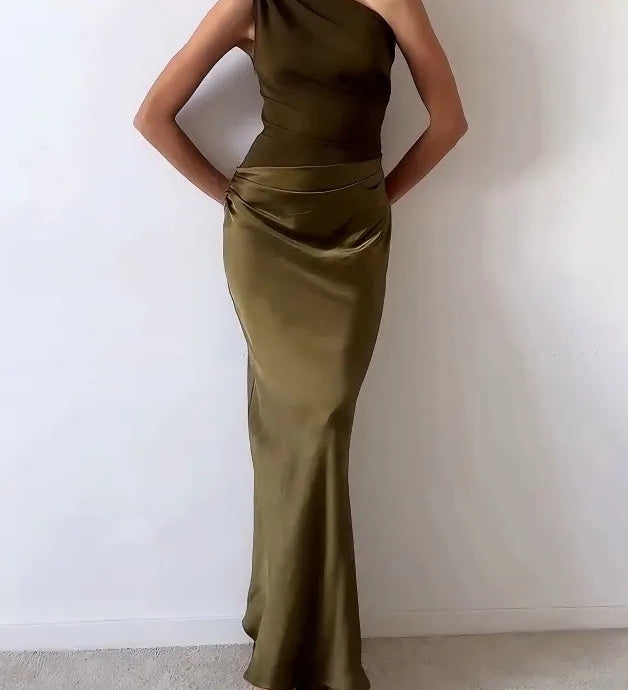 Anita™ | Elegant One Shoulder Neck Pleated Party Maxi Dress