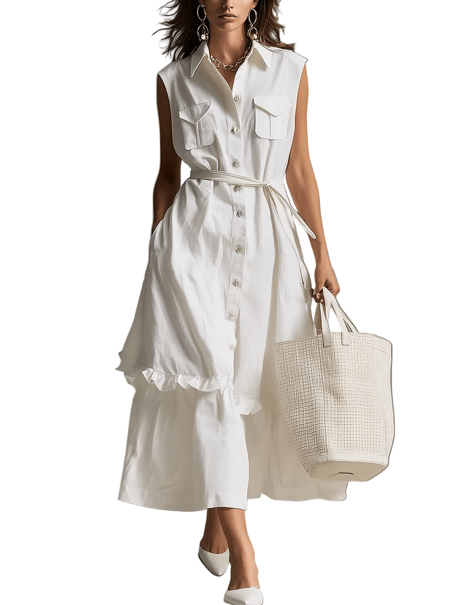 VESTIDO MIDI CAMISERO BLANCO CON CINTURÓN - VALERINA MARBELLA