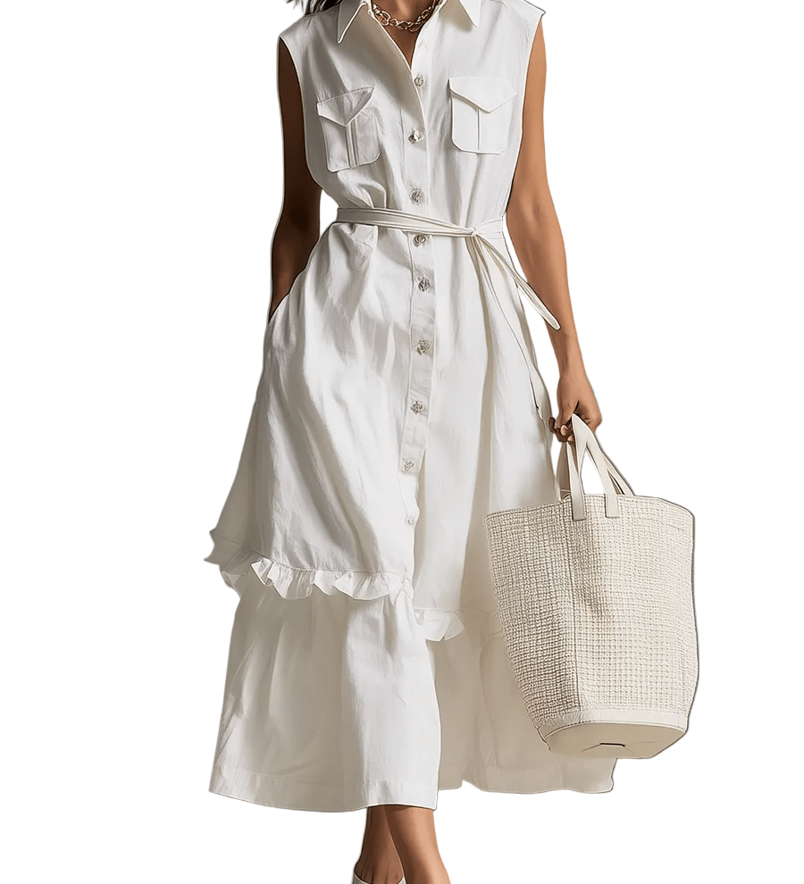 VESTIDO MIDI CAMISERO BLANCO CON CINTURÓN - VALERINA MARBELLA