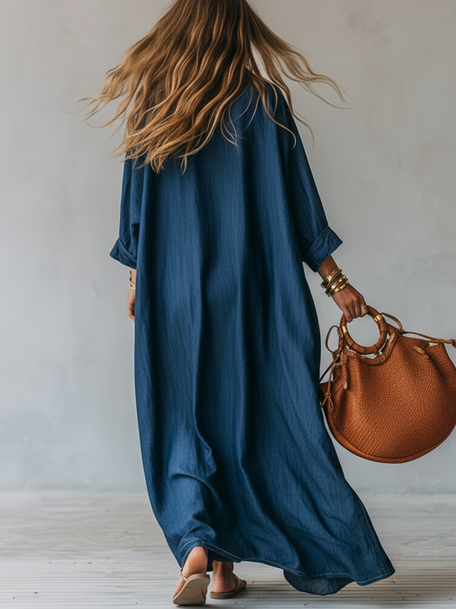 Retro Dragonfly Pattern Loose-fitting Dark Blue Dress