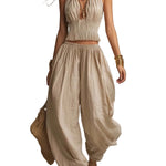 Bohemian Cotton-Linen Halter Smocked Crop Top & Harem Pants Two-Piece Set