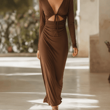 VESTIDO LARGO MARRÓN CHOCOLATE DE PUNTO CON ABERTURAS Y LAZADA - VALERINA MARBELLA