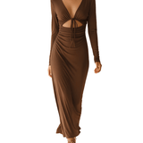 VESTIDO LARGO MARRÓN CHOCOLATE DE PUNTO CON ABERTURAS Y LAZADA - VALERINA MARBELLA