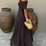Brown One Shoulder Mesh Maxi Dress