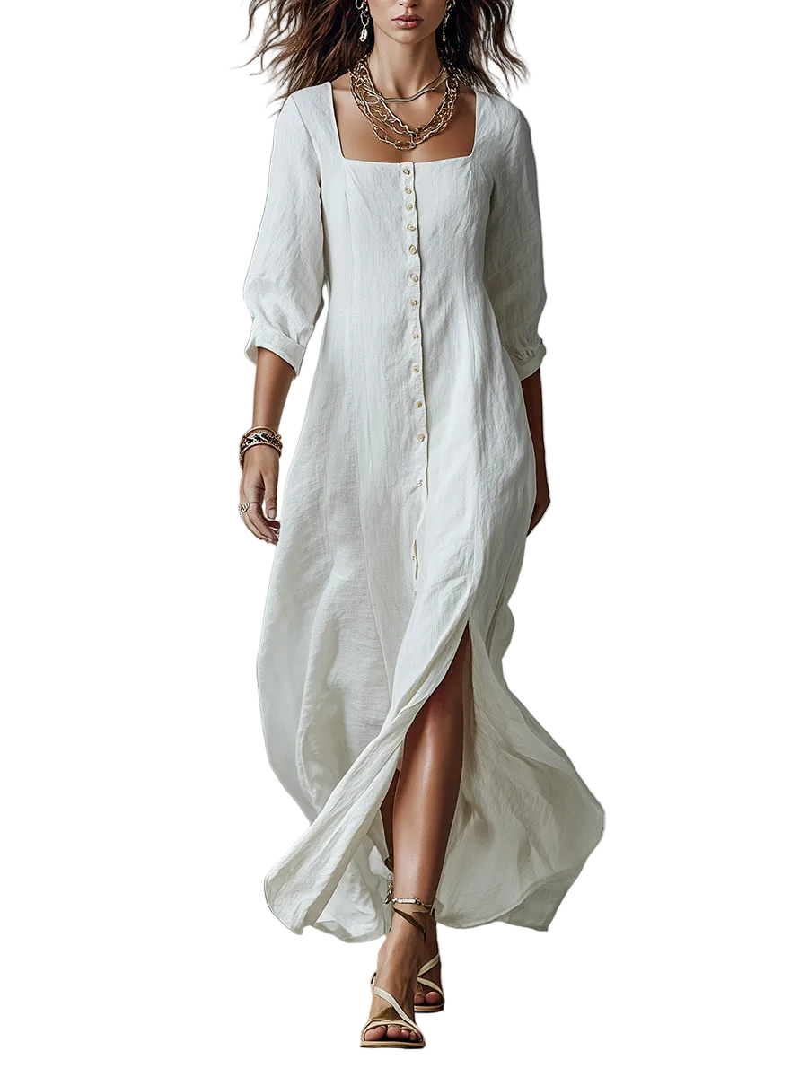 Timeless Square-Neck Linen Button-Front Maxi Dress