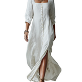 Timeless Square-Neck Linen Button-Front Maxi Dress