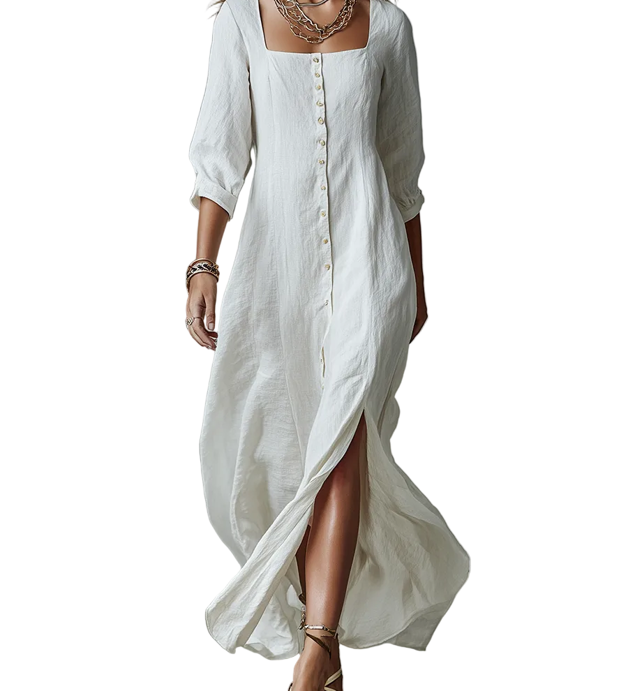 Timeless Square-Neck Linen Button-Front Maxi Dress