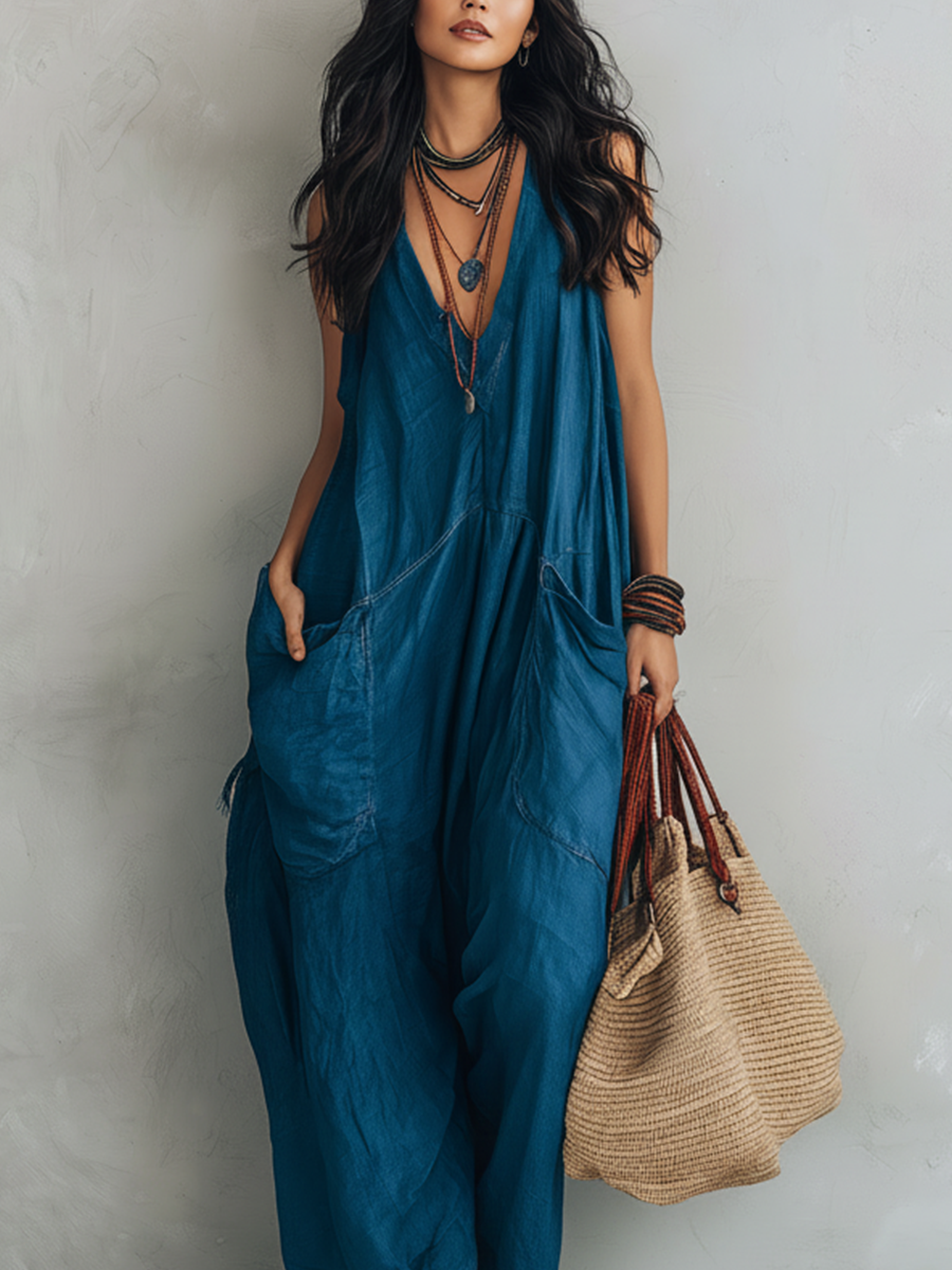 Casual Bohemian-style Dress With Practical Pockets.