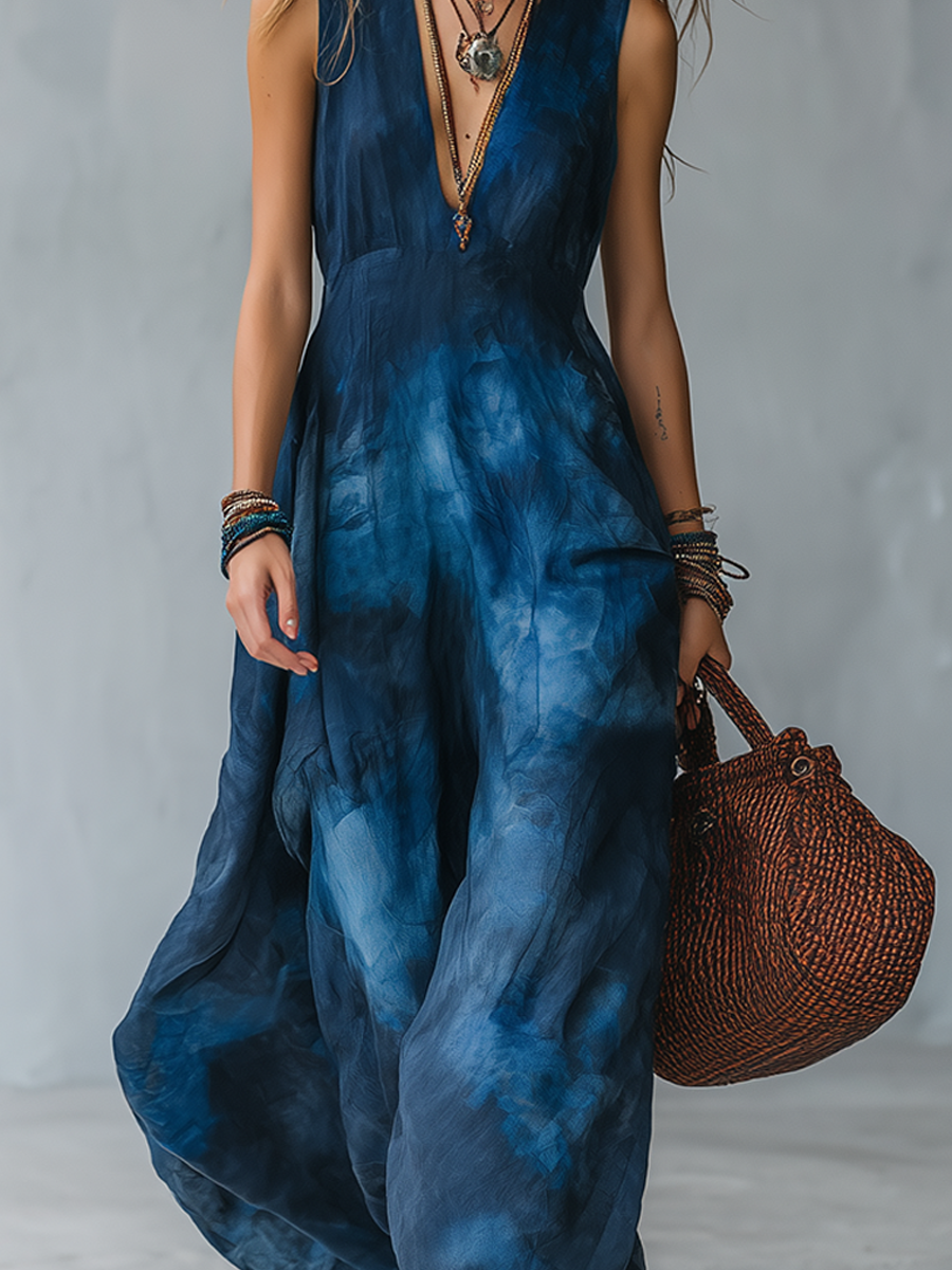 Retro Tie-dye Bohemian Style Long Dress With A Deep V-neck Design.