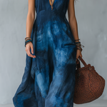 Retro Tie-dye Bohemian Style Long Dress With A Deep V-neck Design.