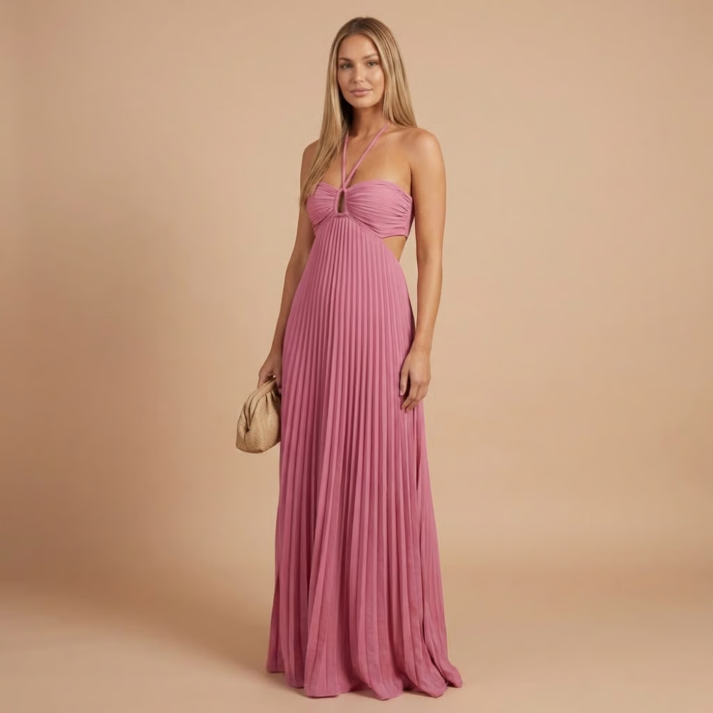 Women's Wedding Guest Pleated Halter Maxi Dress