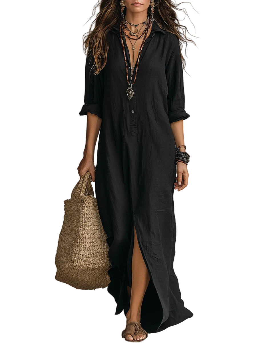Black Button-Front Bohemian Shirt Maxi Dress