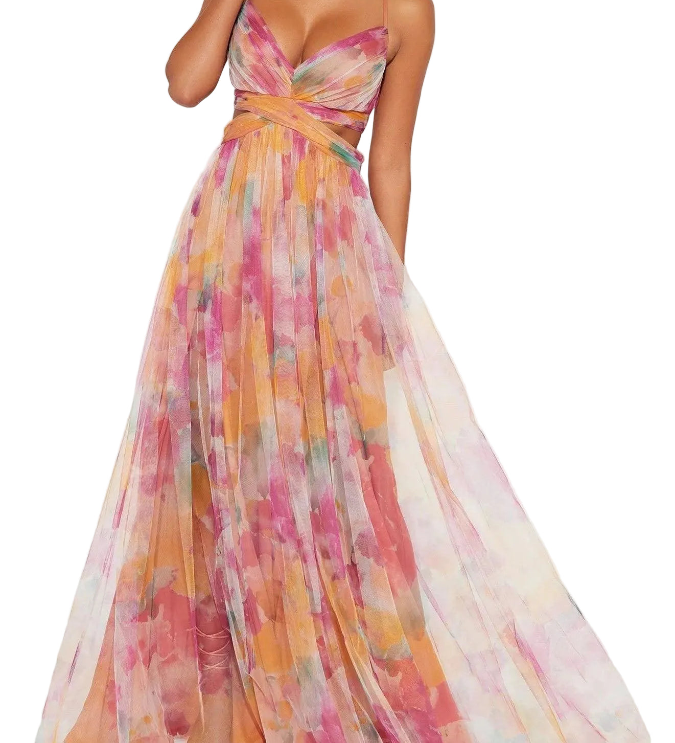 Elegant Painted Floral Print V-Neck A-Line Maxi Dress