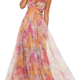 Elegant Painted Floral Print V-Neck A-Line Maxi Dress