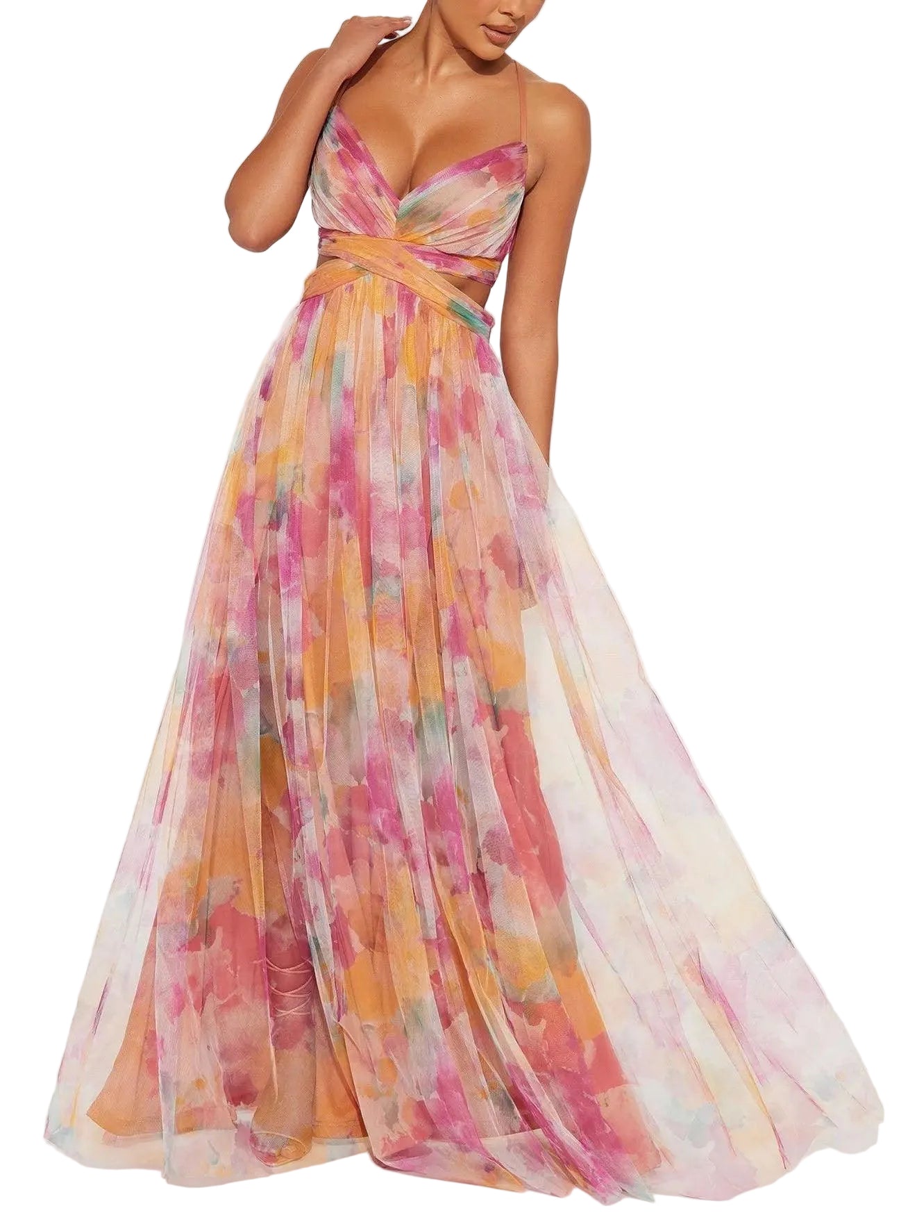 Elegant Painted Floral Print V-Neck A-Line Maxi Dress