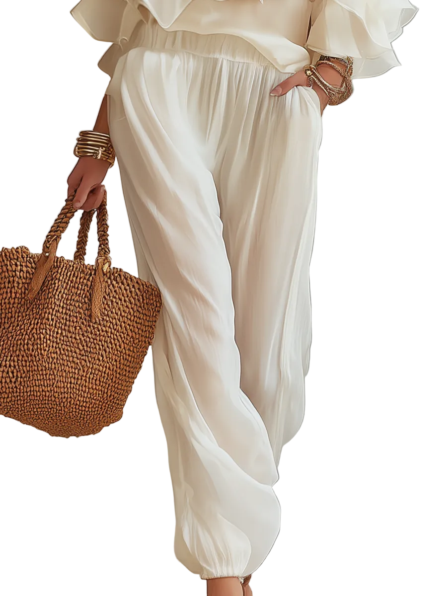 Romantic Ivory Ruffle Top & Relaxed Pants Set