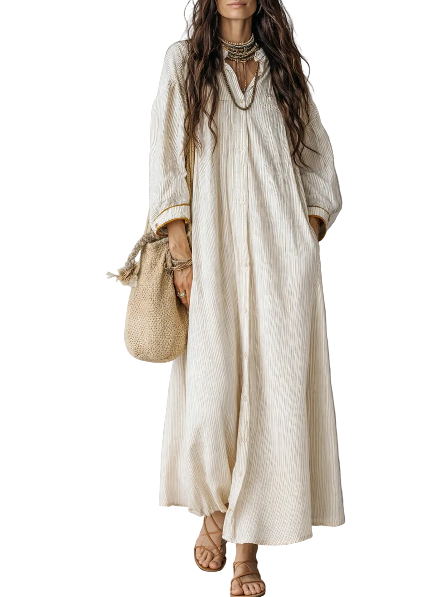 Striped Ivory Long Dress With Button Closure