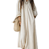 Striped Ivory Long Dress With Button Closure