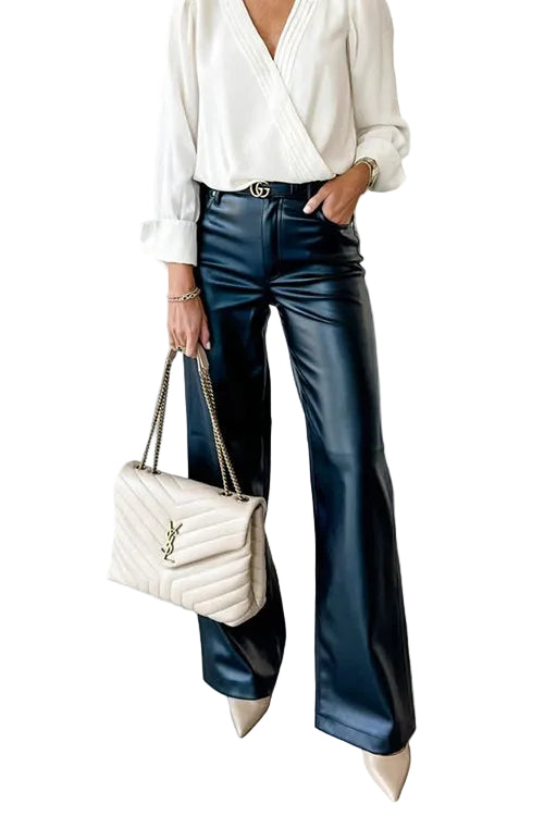 Margovil Pocketed Straight Wide Leg Faux Leather Pants