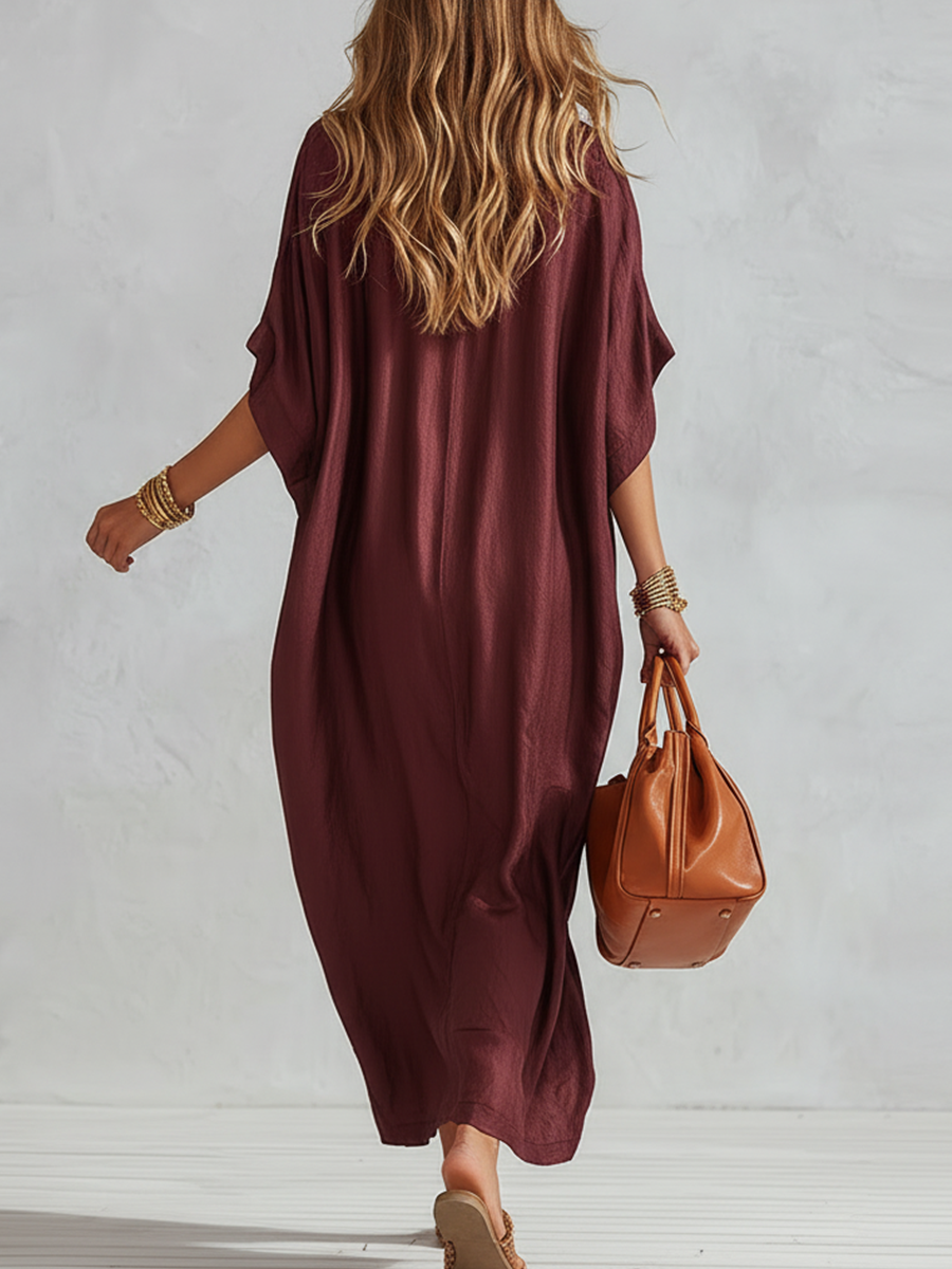 Burgundy Satin Loose-fitting Shirt Dress