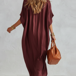 Burgundy Satin Loose-fitting Shirt Dress