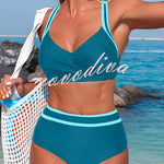 Stylish Color-blocked Striped High-waisted Two-piece Stretch Bikini Swimsuit