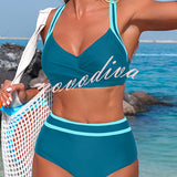 Stylish Color-blocked Striped High-waisted Two-piece Stretch Bikini Swimsuit