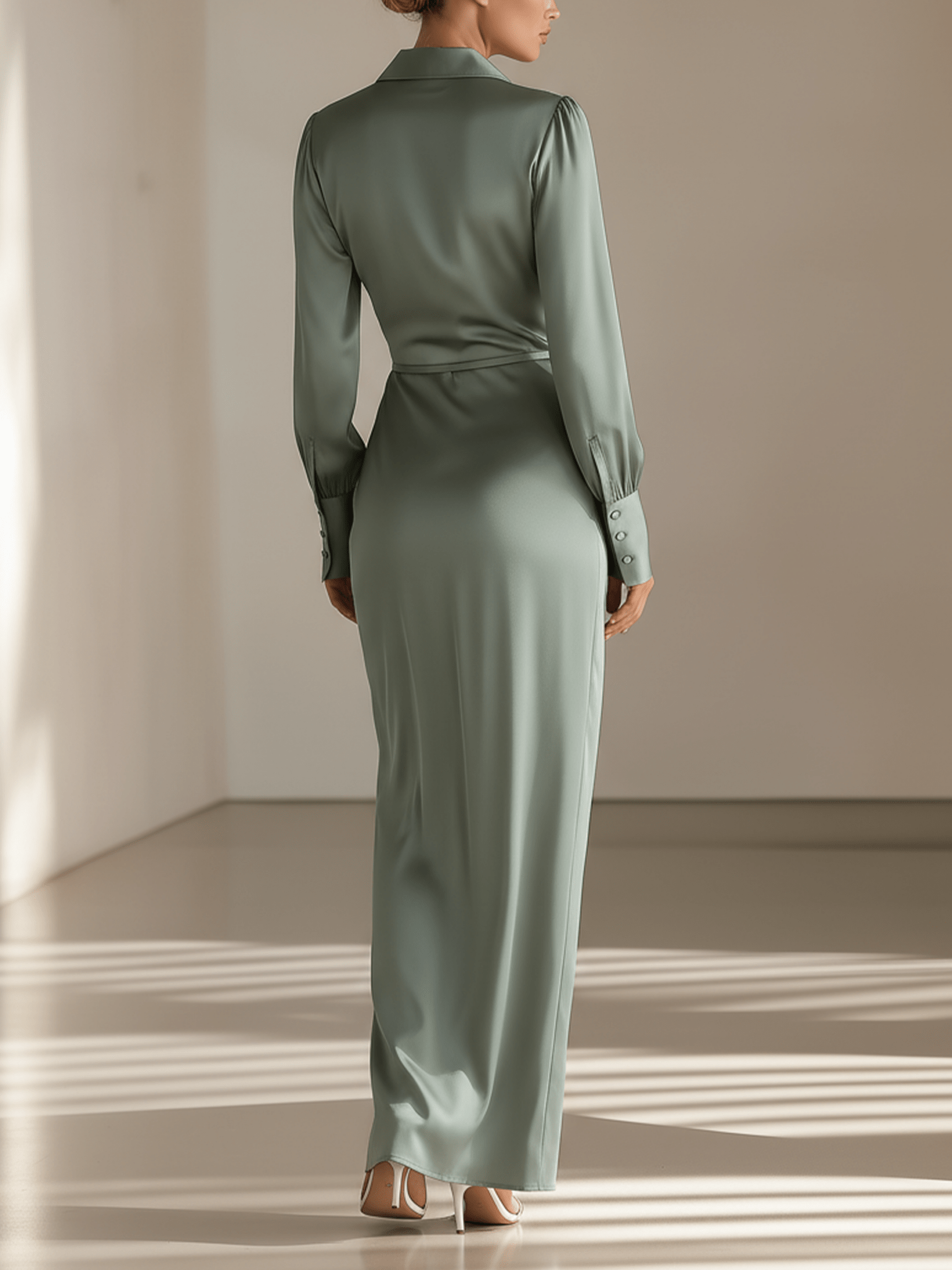 VESTIDO CAMISERO MAXI DE SATÉN VERDE - VALERINA MARBELLA