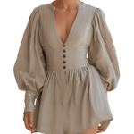 VESTIDO MINI BEIGE DE MEZCLA DE LINO CON ESCOTE EN V - VALERINA MARBELLA