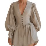 VESTIDO MINI BEIGE DE MEZCLA DE LINO CON ESCOTE EN V - VALERINA MARBELLA