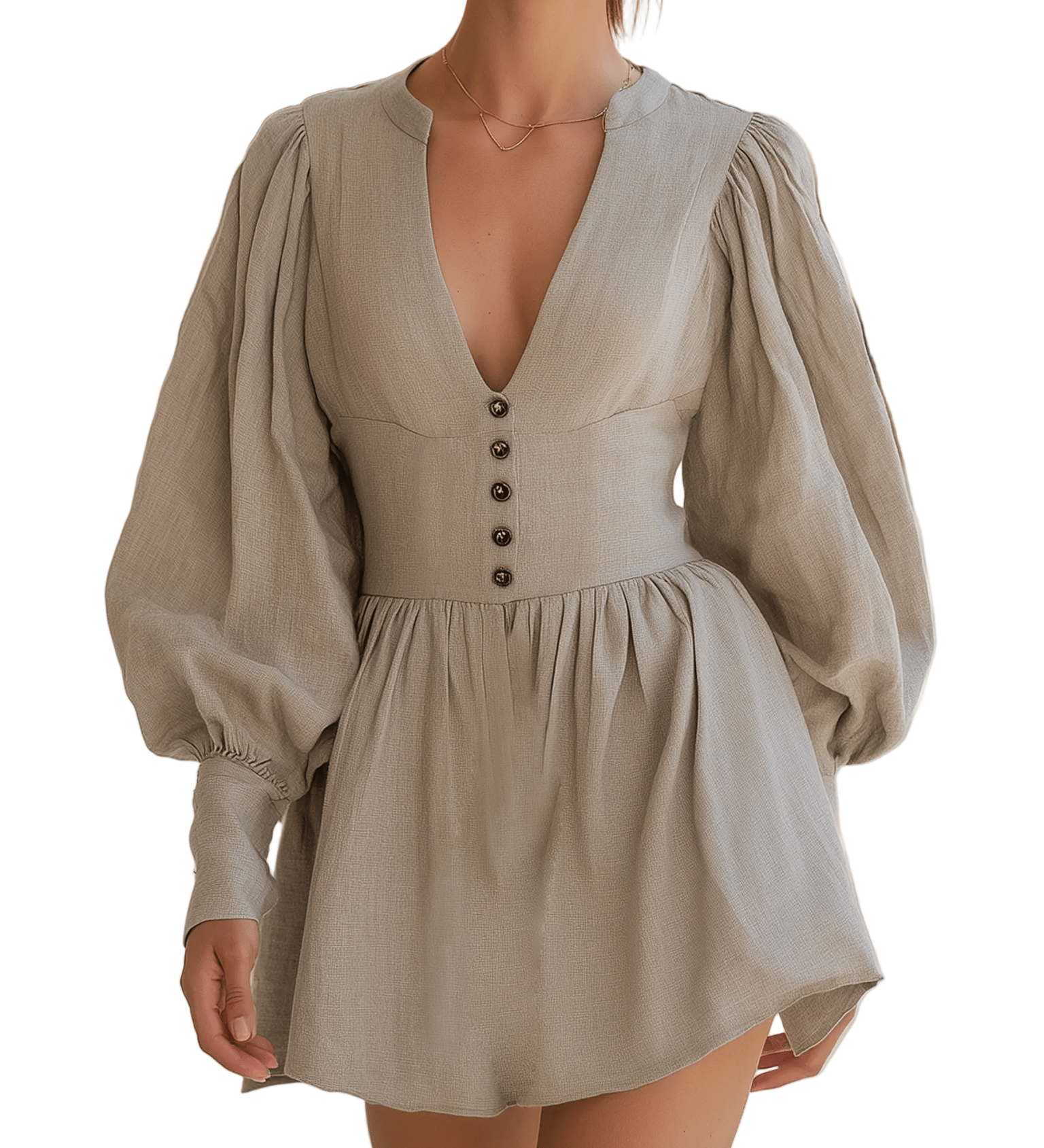 VESTIDO MINI BEIGE DE MEZCLA DE LINO CON ESCOTE EN V - VALERINA MARBELLA