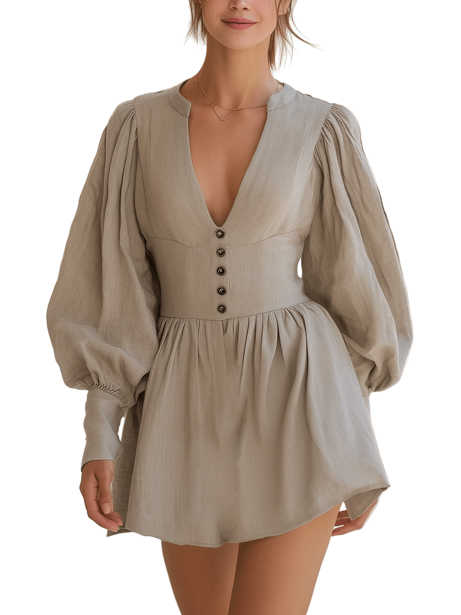 VESTIDO MINI BEIGE DE MEZCLA DE LINO CON ESCOTE EN V - VALERINA MARBELLA