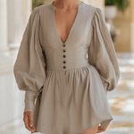 VESTIDO MINI BEIGE DE MEZCLA DE LINO CON ESCOTE EN V - VALERINA MARBELLA