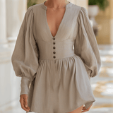 VESTIDO MINI BEIGE DE MEZCLA DE LINO CON ESCOTE EN V - VALERINA MARBELLA