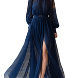VESTIDO LARGO AZUL MARINO SEMITRANSPARENTE CON CUELLO ALTO Y CINTURÓN - VALERINA MARBELLA