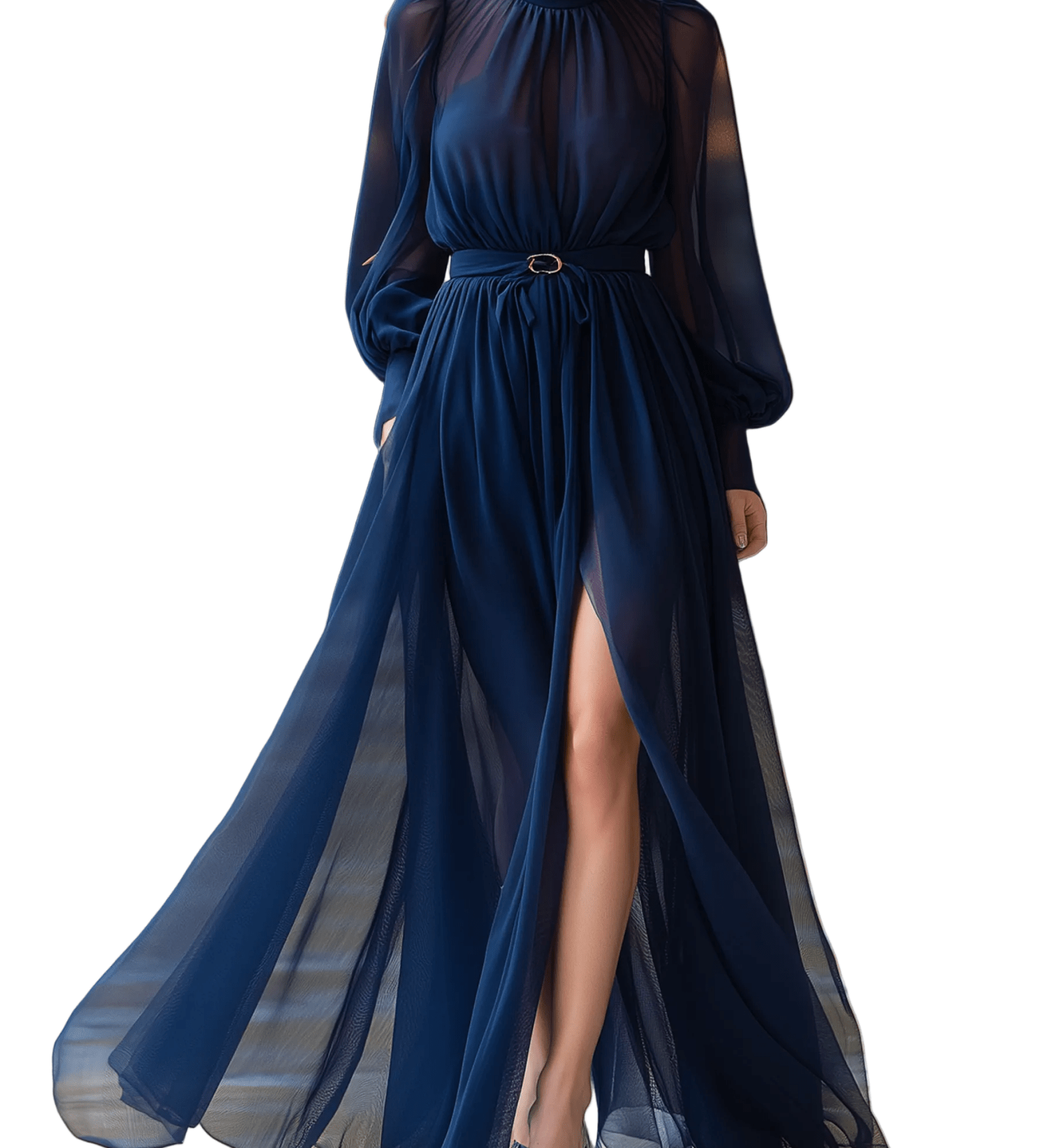 VESTIDO LARGO AZUL MARINO SEMITRANSPARENTE CON CUELLO ALTO Y CINTURÓN - VALERINA MARBELLA