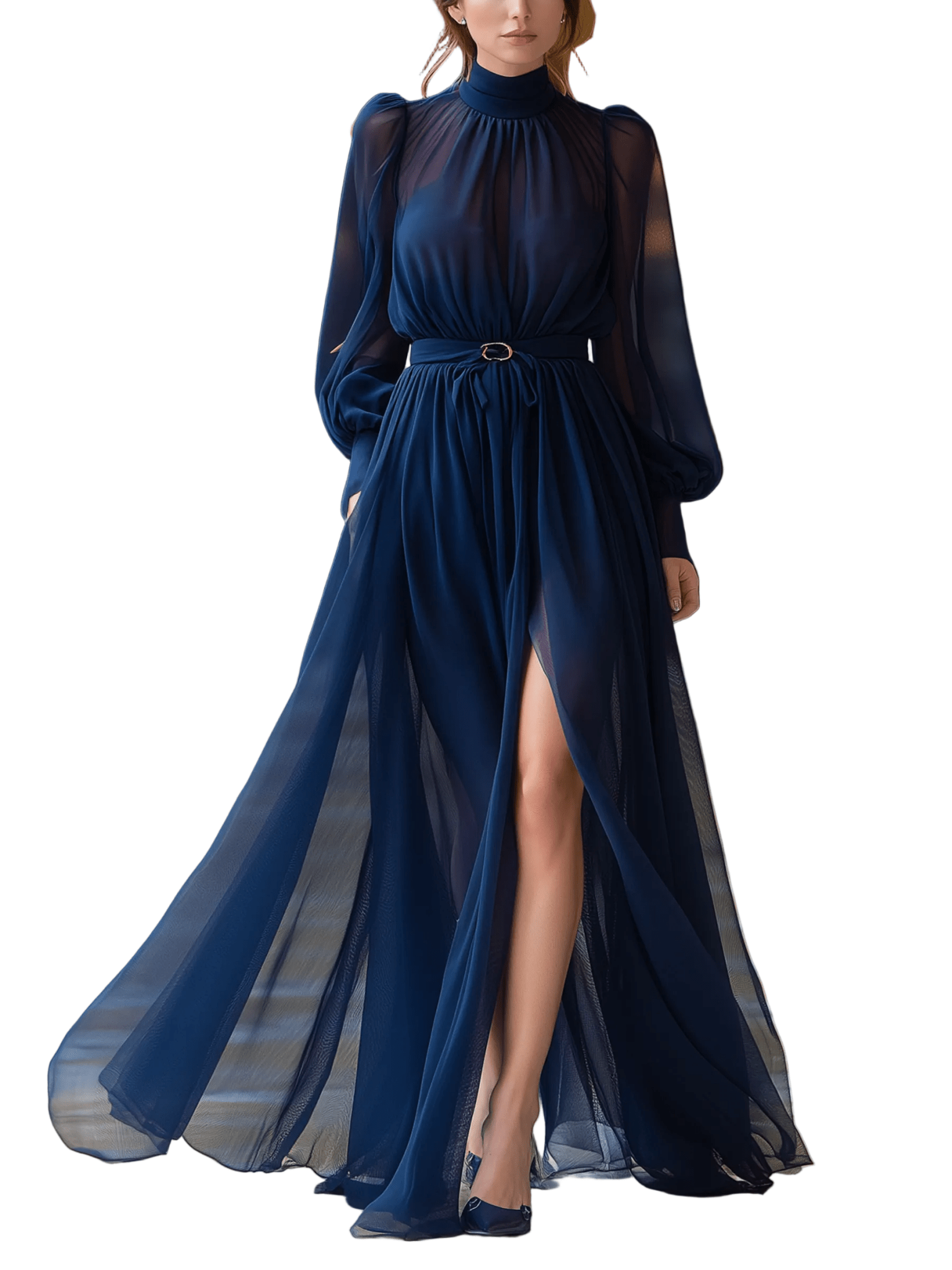 VESTIDO LARGO AZUL MARINO SEMITRANSPARENTE CON CUELLO ALTO Y CINTURÓN - VALERINA MARBELLA