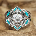 ANILLO ELEGANTE BOHEMIO TURQUESA FEUILLE CIRCONA CRISTAL
