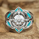 ANILLO ELEGANTE BOHEMIO TURQUESA FEUILLE CIRCONA CRISTAL