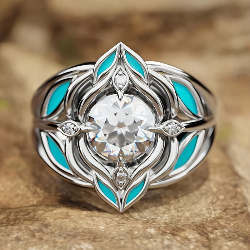 ANILLO ELEGANTE BOHEMIO TURQUESA FEUILLE CIRCONA CRISTAL