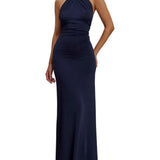 VESTIDO MAXI HALTER DE SILUETA FLUIDA EN AZUL MARINO