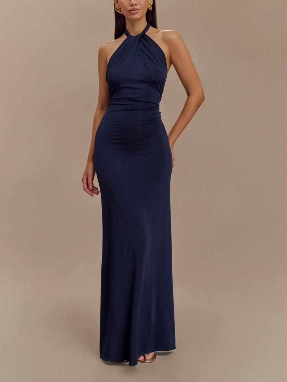 VESTIDO MAXI HALTER DE SILUETA FLUIDA EN AZUL LAGUNA