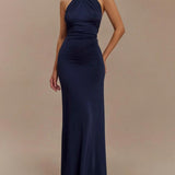 VESTIDO MAXI HALTER DE SILUETA FLUIDA EN AZUL LAGUNA