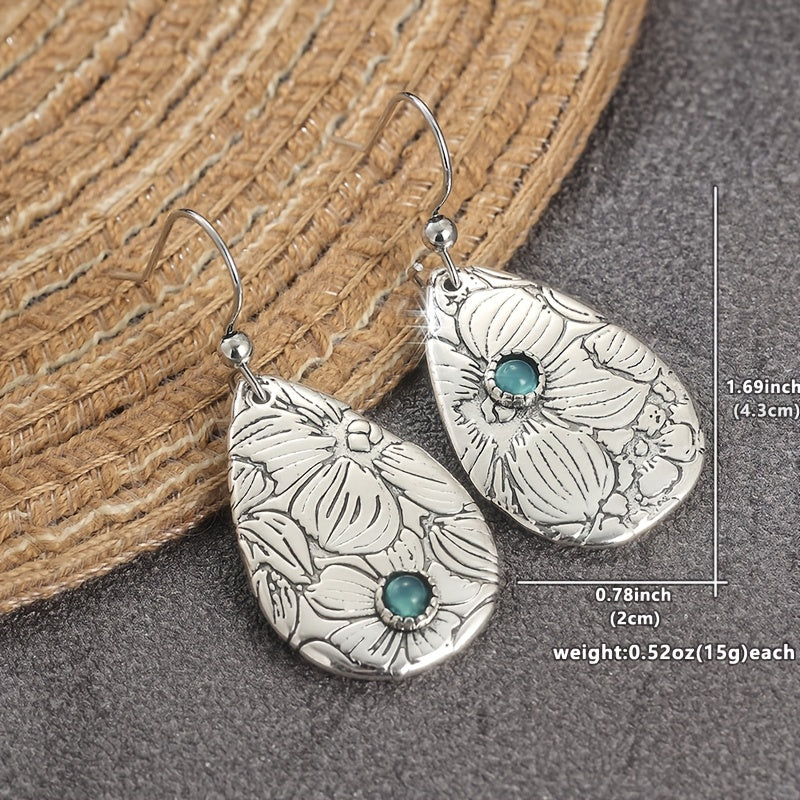 PENDIENTES RÉTRO SCULPTÉ FLEURS GOTA FORME TURQUESA PIERRE PRECIOSA CROCHET