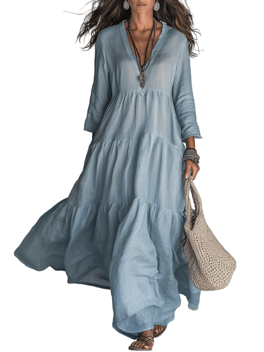 VESTIDO MAXI BOHO DE CAPAS EN AZUL SUAVE LAVADO - VALERINA MARBELLA